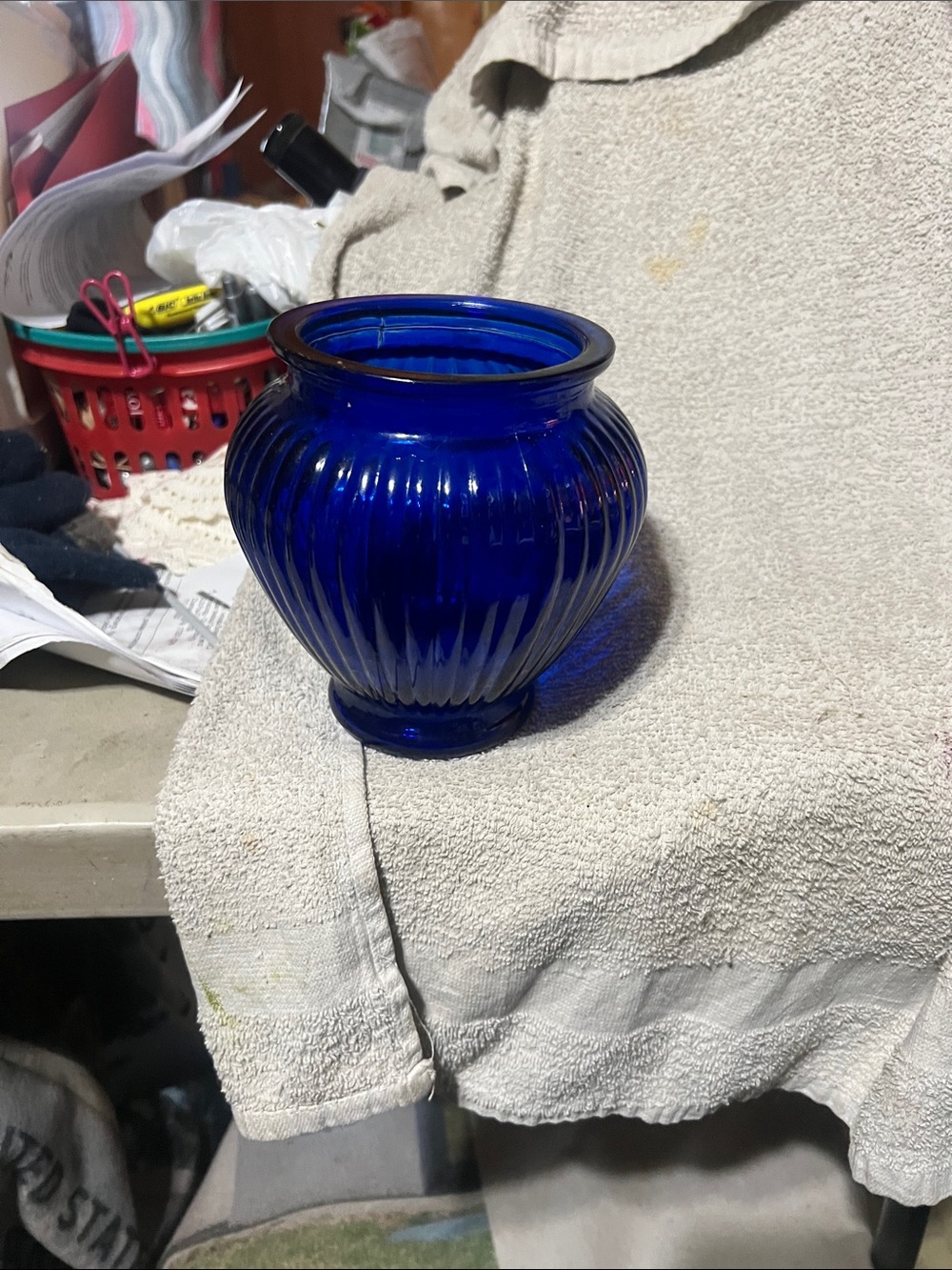Source Unknown Cobalt Blue Ribbed Glass Vase
